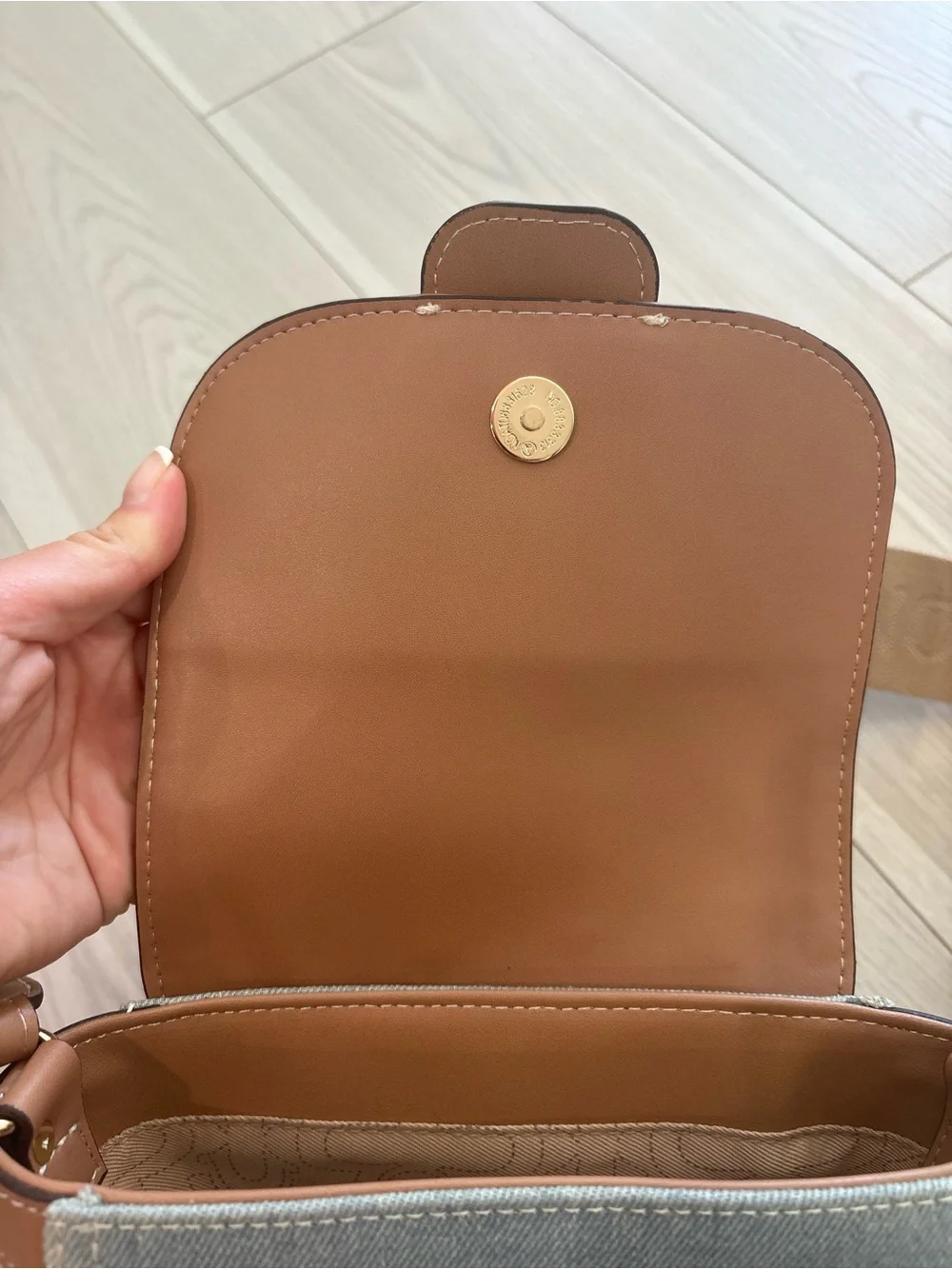 True Religion Denim Crossbody with Tan Trim and Gold Hardware